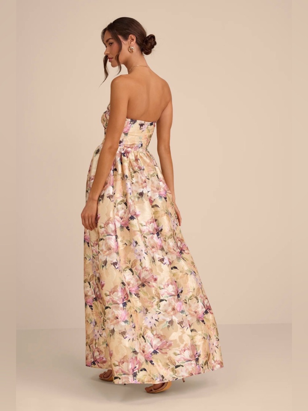 Lulus Kathani Light Yellow Floral Jacquard Bustier Maxi Dress - Size L - Picture 2 of 4